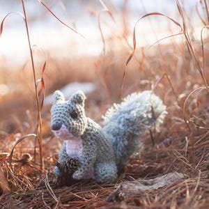 May include: A crocheted squirrel figurine in a natural setting. The gray and white squirrel is holding a pinecone, surrounded by dried grass and foliage. The soft focus background suggests a sunny day.
