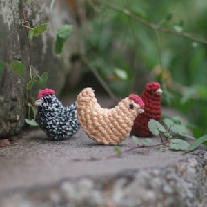 Peut inclure: Trois poulets en crochet, un noir et blanc, un beige et un rouge. Les poulets sont assis sur un rocher.