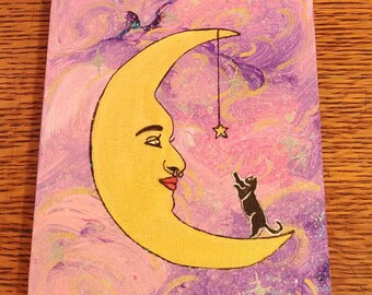 Original Painting "The Cat on the Moon" - Acrylic on Canvas 5x7 Inches - Sparkle/Glitter Top-Coat