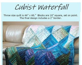 Cubist Waterfall Quilt Pattern, Tumbling Blocks in Blue/Green/Violet, Optical Illusion Quilt