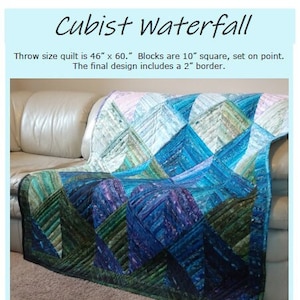 Cubist Waterfall Quilt Pattern, Tumbling Blocks in Blue/Green/Violet, Optical Illusion Quilt