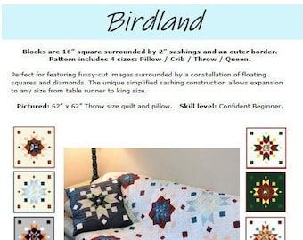 May include: A quilt pattern called "Birdland" featuring a star block design with a white background and red, blue, and green accents. The pattern includes four sizes: pillow, crib, throw, and queen. The quilt is 62 inches by 62 inches.