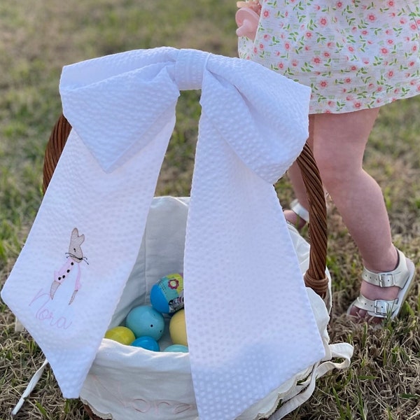 Easter bow, Easter basket bow, personalized Easter, Easter sash, personalized Easter basket, Easter, Easter basket, seersucker basket,rabbit