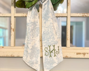 Toile wreath sash, personalized wreath sash, monogram wreath sash, baby wreath sash, baby  door hanger, rocking horse, new baby, baby shower
