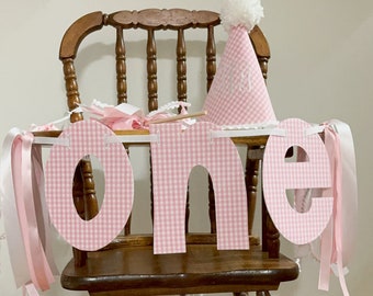 Gingham birthday set, personalized birthday, banner, monogrammed birthday hat, cake topper, one banner, high chair banner, birthday set