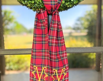 Monogram Christmas Wreath Sash, Red Plaid Decor