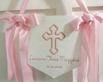 Baptism keepsake, baptism banner, monogram banner, personalized banner, pendant, monogram wreath banner, baby initials, wreath banner
