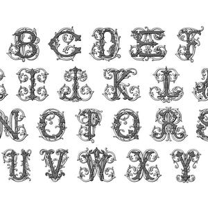 May include: A collection of ornate, grayscale letters of the alphabet, each with a unique, decorative design. The letters are in a serif font, with flourishes and embellishments. The image is on a white background.