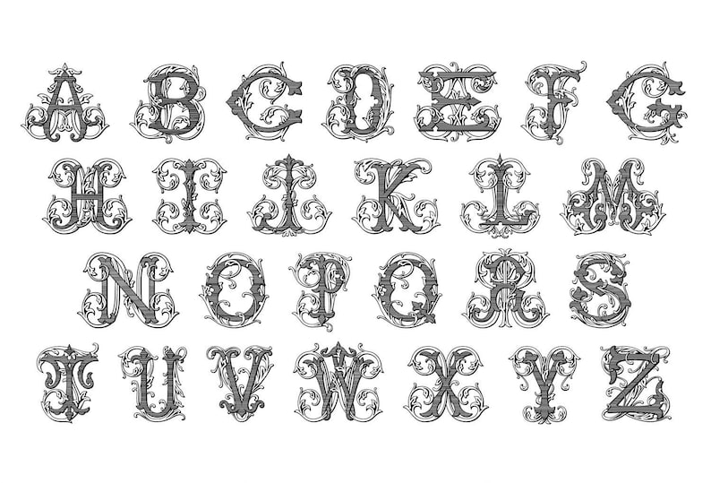 May include: A collection of ornate, grayscale letters of the alphabet, each with a unique, decorative design. The letters are in a serif font, with flourishes and embellishments. The image is on a white background.