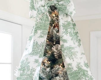 Green Toile Christmas Tree Topper Bow, Holiday Decor