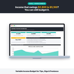 May include: A digital variable income budget dashboard for Excel and Google Sheets displayed on a laptop screen. The interface features a Variable Income Dashboard with financial data, a debt-free date of Sep 2027, and a monthly income area chart.