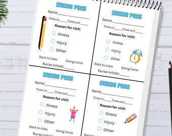 May include: Four blue and white printable nurse passes with a pencil, alarm clock, and a cartoon pencil character. Each pass has fields for name, time in, time out, reason for visit, back to class, going home, and nurse initials.