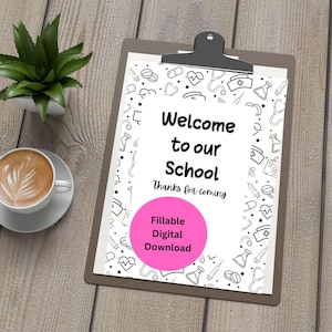 May include: A printable welcome sign for a school with a pink circle that says "Fillable Digital Download" and a white background with black medical-themed illustrations.
