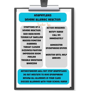 Op de afbeelding: Een blauwe en witte checklist met de titel "Anafylaxie Ernstige allergische reactie" en de tekst "Tips voor docenten". De checklist somt de symptomen van een ernstige allergische reactie op en de vereiste acties in geval van anafylaxie. De checklist bevat ook de tekst "Antihistaminica stoppen anafylaxie niet. Aarzel niet om epinefrine te geven. Bekijk alle allergieën in uw klas. Bespreek allergieën met de schoolverpleegkundige."