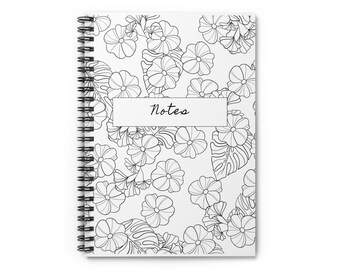 Elegant black and white floral notebook - 118 ruled lined pages, 6x8, charming floral cover