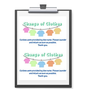 Change of Clothes Parent Note for your School Nurse Office