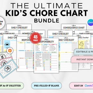 Editable Kids Chore Chart Bundle, Editable Responsibility Chart, Kids Daily Checklist, School, Reward chart, Allowance, Screentime, Behavior