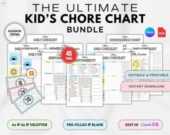 Editable Kids Chore Chart Bundle, Editable Responsibility Chart, Kids Daily Checklist, School, Reward chart, Allowance, Screentime, Behavior