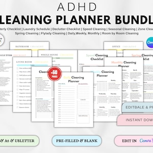 Puede incluir: Un paquete de planificadores de limpieza para TDAH imprimibles. El paquete incluye listas de verificación para diversas tareas de limpieza, como lavandería, limpieza y limpieza de temporada. Los planificadores están disponibles en tamaños A4, A5 y US Letter. El texto de la imagen dice "ADHD CLEANING PLANNER BUNDLE".