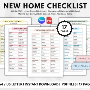 May include: A digital New Home Checklist printable set featuring 17 pages of categorised household items for living rooms, bedrooms, dining areas, bathrooms, and kitchens. Includes text labels for moving day survival kits and general areas in A4 and US Letter sizes.