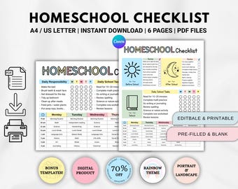 Editable Kids Homeschool Checklist, Homeschooling Planner, Schoolday Routine, Daily Schedule for Kids, Responsibility chore chart, PDF