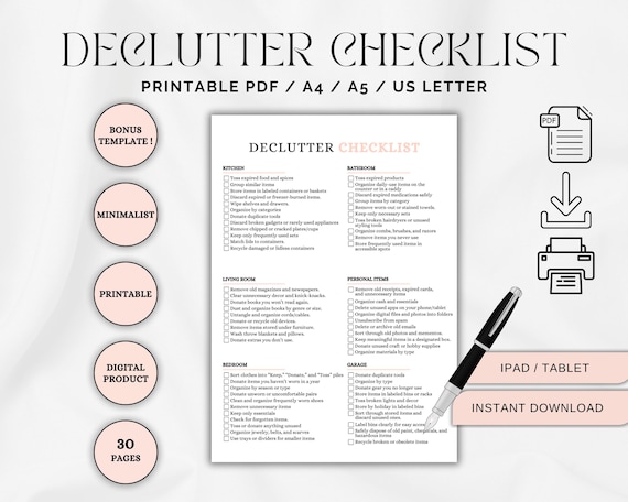 Declutter Checklist, 30-day declutter challenge, Adhd Declutter Planner, Declutter Guide, ADHD Cleaning planner, Home Management Checklist
