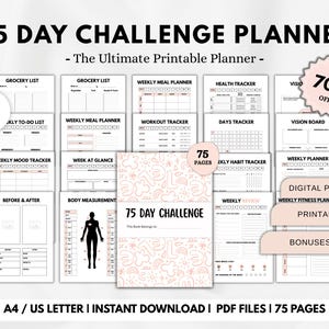 May include: A digital 75-day challenge planner with a light pink theme, featuring sections for meal planning, workout tracking, and more. The planner has 75 pages and is available for instant download. Includes A4 and US Letter sizes.