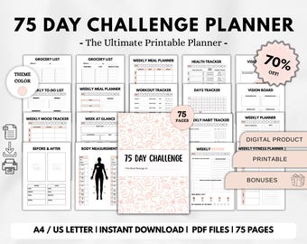 75 Day Challenge Printable, 75 Soft Challenge Tracker, 75 Medium Tracker, 75 day Habit Tracker, 75 Day Challenge Tracker, A4/Us Letter