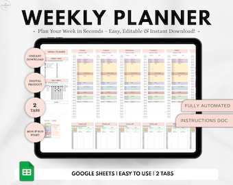 Google Sheets Weekly Planner Spreadsheet, ADHD Weekly planner, Daily Habit Tracker Spreadsheet, Weekly Hour Planner, Instant Download