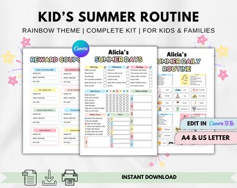 Kids Summer Routine Chart | Editable Canva Printable | Summer Daily Schedule, Chore Chart, Reward Coupons | Summer Activity Planner for Kids