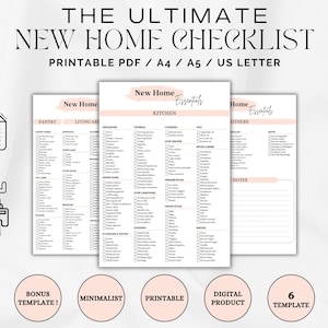 New Home Essentials Checklist, New Home Checklist Printable, First Apartment Checklist, New Home Planner, Moving Checklist, A4/A5/Us Letter