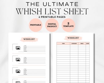 Printable Wish List Sheet, Christmas, birthday, holiday, shopping wish list, Shopping Tracker PDF, Digital Bucket List, To Buy List, 3 Sizes