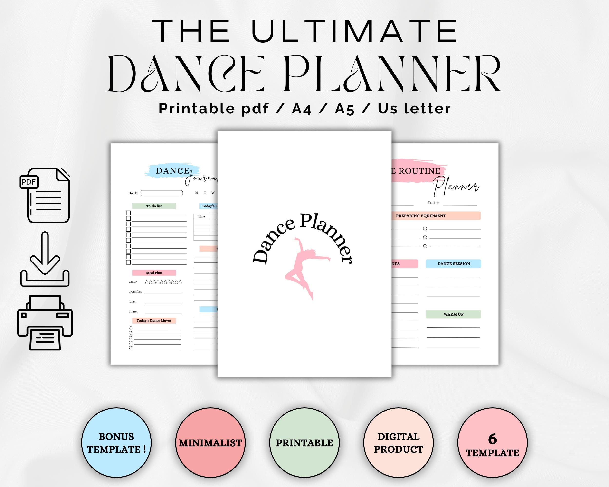 Printable Dance Planner: Dance Routine Planner, Dance Journal, Dance Journey, Mood Tracker, Music Organizer, Student Dancer Planner, 3 Sizes