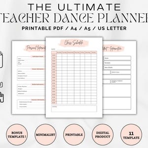 May include: Printable PDF planner for dance teachers. The planner includes sections for personal information, class schedule, and student information. The planner is available in A4, A5, and US Letter sizes. The planner is minimalist and has a pink and white color scheme.