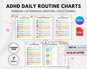 ADHD Kids Daily Routine Chart, Printable Routine Checklist, Morning Afternoon Bedtime Chore Charts , Neurodivergent Visual Schedule, PDF