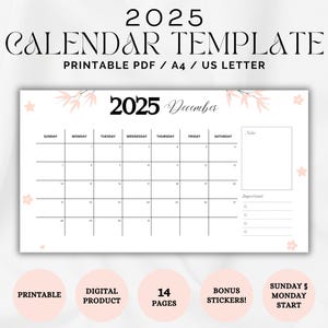 2025 Printable Calendar, 2025 Minimal Planner, Cute 2025 Calendar, 2025 download, Us Letter, A4, 2025 year calendar, Monday & Sunday Start