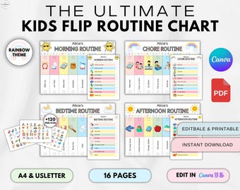 Kids Flip Routine Chart Editable, Morning Evening Bedtime Visual Schedule, Toddler Chore Chart Canva PDF, ADHD Neurodivergent Daily Planner