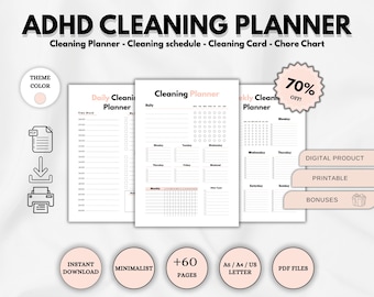 ADHD Cleaning Planner Bundle, ADHD Cleaning Schedule, ADHD Chores, Adhd Cleaning Chore Chart, Adhd Household, Declutter Checklist, 3 Sizes