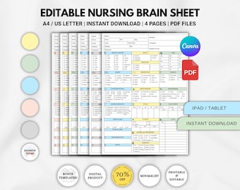 Editable Nurse Report Sheet Bundle Med Surg, Nurse Brain Sheet, RN Report, Nursing Brain, Registered Patient Report Sheet, A4 / Us Letter