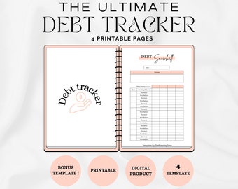 May include: A printable debt tracker with four pages. The cover features a pink and white design with the text "Debt Tracker" and a hand holding a dollar sign. The inside pages include a debt snowball tracker with columns for date, starting balance, payment, and new balance.
