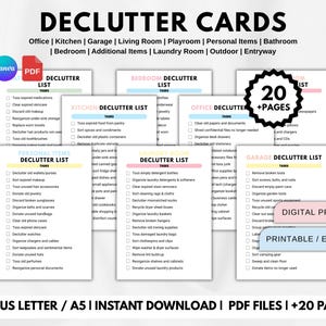 Peut inclure: Un ensemble de 20 cartes de désencombrement imprimables avec des listes de tâches pour diverses pièces comme la cuisine, le bureau, le garage et la buanderie. Ce produit numérique PDF inclut des titres, des cases à cocher et des formats A4, A5 et US Letter.