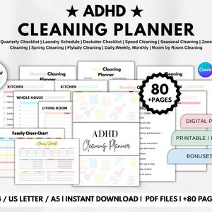 May include: An ADHD cleaning planner digital product with 80+ pages, including checklists for kitchen, living room, and family chores. Features a rainbow theme, Canva and PDF compatibility, and is printable or editable in A4, US Letter, and A5 sizes.