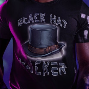 May include: A person wearing a black t-shirt with a graphic of a black top hat and the text "Black Hat Hacker". The person is wearing neon green goggles and has dreadlocks.