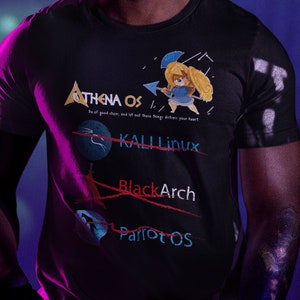 May include: A person wearing a black t-shirt with a graphic design featuring a cartoon character and the text "ATHENA OS", "KALI Linux", "BlackArch", and "Parrot OS".