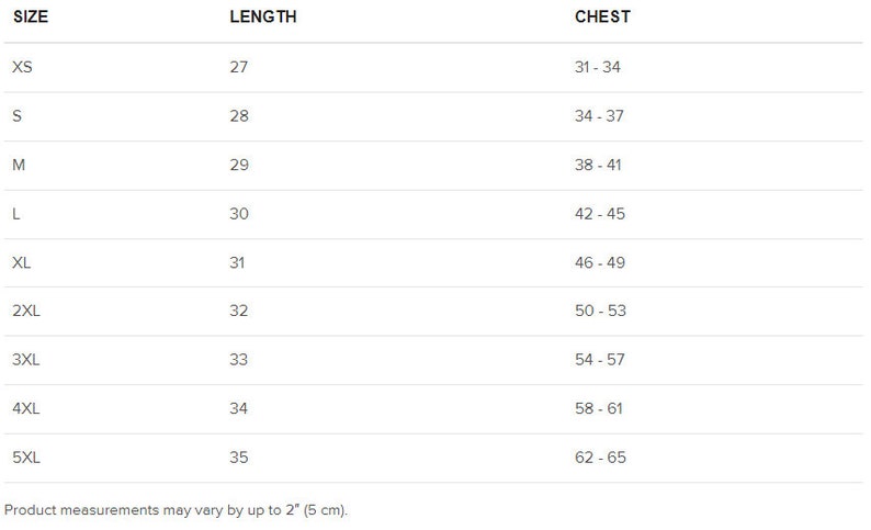 K&ouml;nnte beinhalten: Gr&ouml;&szlig;entabelle mit den Ma&szlig;en f&uuml;r Brustumfang und L&auml;nge in Zoll f&uuml;r die Gr&ouml;&szlig;en XS bis 5XL.