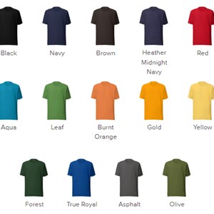 K&ouml;nnte beinhalten: Eine Auswahl an T-Shirts in verschiedenen Farben, darunter Schwarz, Marine, Braun, Aqua, Blatt, gebranntes Orange, Gold, Gelb, Wald, K&ouml;nigsblau, Asphalt und Oliv.