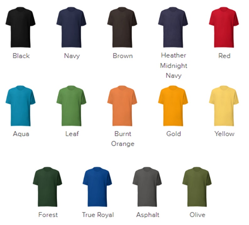 K&ouml;nnte beinhalten: Eine Auswahl an T-Shirts in verschiedenen Farben, darunter Schwarz, Marine, Braun, Aqua, Blatt, gebranntes Orange, Gold, Gelb, Wald, K&ouml;nigsblau, Asphalt und Oliv.
