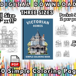 Victorian Houses - Simple Easy Large Print Big Picture Adult Coloring PDF - DIGITAL DOWNLOAD 50 designs 3 Sizes Full, Half, Quarter Pages