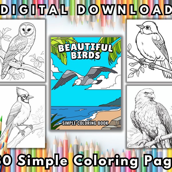 Beautiful Birds Simple Coloring Pages - Bluebirds Cardinals Owls Eagles and more - 30 Easy Adult Coloring Sheets - DIGITAL PDF DOWNLOAD