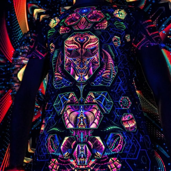 Blacklight Psychedelic and Neon Ultraviolet Active T-shirt "Terraformer" for Men and Unisex, Psytrance Goa Party